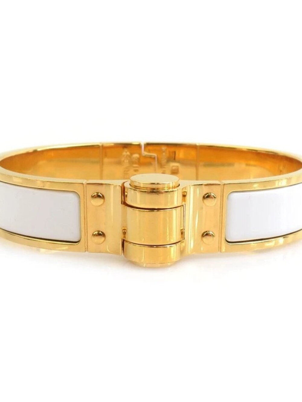 Auth HERMES Charniere PM Bracelet Bangle White/Gold Metal/Enamel